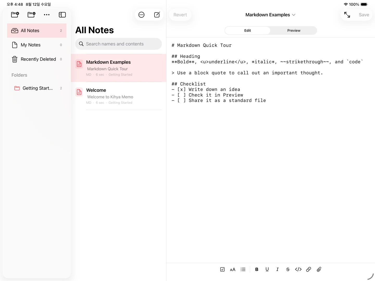Kihya Memo three-pane editor on an iPad
